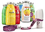 Doggyroller mit Silikonhalterung, Karabiner und Lanyard + 6er Probierset SmoothieDog Hundesmoothie 1xLamm-1xRind-1xHuhn-1xTrinkpause-1xImmunio-1xGemüsebeet je 250ml Hundesmoothie (Rosa)