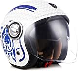 Soxon® SP-888 „Sir Blue“ · Jet-Helm · Motorrad-Helm Roller-Helm Scooter-Helm Moped Mofa-Helm Chopper Retro Vespa Vintage Pilot · ECE 22.05 Sonnenvisier Schnellverschluss SlimShell Tasche M (57-58cm)