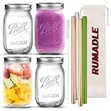 Ultimate Mason Jars 907.2 g Bundle - 4 Count Ball Wide Mouth Mason Jars with Lids by Forged Factory Wiederverwendbare 4-Strohhalme für Getränke - Mason Jar Set, Ball Mason Jars mit Deckel und