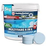 Veddelholzer 5 kg Multitabs 5 in 1 Chlortabletten für pool als 20g Tabletten für Pools von 10 m³ bis 30 m³Pool Zubehör für Pools langsam lösliche, langzeit Chlor Tabletten zur Reinigung & Desinfektion