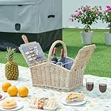 casa.pro Picknickkorb Lumparland Komplettset für 2 Personen mit Deckel Weidenkorb Picknickset aus Geschirr Gläser Besteck Picknickkoffer 40 x 28 x 37 cm Weiß/Blau