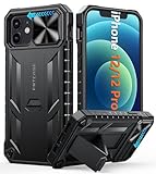 FNTCASE Handyhülle für iPhone 12 Hülle: Stoßfeste Robust Militär-Grade Fallschutz Hülle mit Ständer TPU Matte Hybrid Heavy Duty Harte Bumper rutschfest Schutzhülle Cover für iPhone 12/12 Pro Schwarz