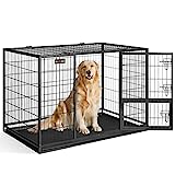 Feandrea Hundekäfig hochbelastbar, Gitterbox, transportabler Haustierkäfig, 122 x 75,5 x 80,5 cm, für mittelgroße, große Hunde, sicher, 2 abnehmbare Türen, Welpenauslauf, XXL, tintenschwarz PPD003B01