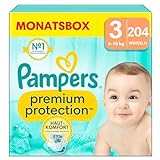 Pampers Baby Windeln Größe 3, Premium Protection, Windeln x204, 6kg-10kg, Doppelter Schutz für Hautkomfort & gegen Auslaufen