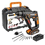 WORX WX390 Bohrhammer SDS-plus - 20V Bohrmaschine mit pneumatischem Hammerwerk zum Schrauben, Bohren und Hämmern – 1,2 Joule Schlagenergie – Mit 2,0Ah Li-Ion Akku, Ladegerät und Koffer