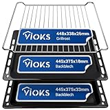 VIOKS 2x Tiefes Backblech 445 x 375 mm Emailliert Ersatz für Whirlpool 481010683241 481010683239 + Gitterrost für Backofen Ignis Bauknecht