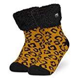 CityComfort Kuschelsocken Damen, Dicke Socken Damen, Rutschfeste Haussocken Damen (Gelb Leopard)