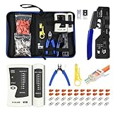 VCELINK Netzwerk Werkzeug Set, RJ45 Crimpzange mit 20 x RJ45 Stecker Cat7/Cat6a Pass Through, Netzwerktester, Abisolierzange, Profi Netzwerkinstallation, RJ45/RJ11/RJ12 Reparaturwerkzeuge, Stofftasche