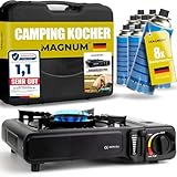 Magnum® Gaskocher inkl. 8 Gaskartuschen [Testnote: Sehr gut] Campingkocher mit Piezozündung [Notfall Ausrüstung] - Camping Gaskocher stufenlos regulierbar - Gaskocher Camping