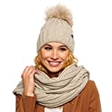 ELIMELI® Kaschmir Mütze Schal Damen Winter Kombi Set - warme Strickmütze mit Kunstfell Bommel - 2-teilig, Winterset Wintermütze passender Schal Wollmütze Beanie Slouch Strick Made in EU (Beige)