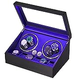 ANWBROAD Uhrenbeweger für Automatikuhren 4 Uhren+6 extra Speicherplätze 4 Drehmodis mit super leisem Mabuchi Automatik Uhrenbeweger Watch Winder Uhrendreher Karbonfaser USB-Aufladung JWW002B