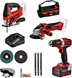 Einhell Akku-Bohrschrauber TE-CD 18/40 Li + Akku-Winkelschleifer TC-AG 18/115 Li + Akku-Stichsäge TC-JS 18 Li Power X-Change (18 V, inkl. 1x 4,0 Ah Akku, Ladegerät, Zubehör, Tasche)