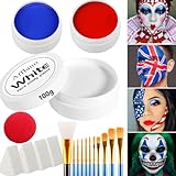 Afflano Halloween Gesichtsfarbe Weiß Blau Rot 200g, Profi Körperbemalung auf Ölbasis +Pinsel, Schwämme, Clownsnase 20 Stk, Gesichtsbemalung für Halloween Schminke Clown Joker SFX Vampir Cosplay Kostüm