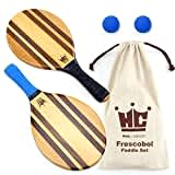 Frescobol Paddelball-Set (Strandstreifen) – mit 2 Paddeln, 2 Bällen und Tasche mit Kordelzug aus Segeltuch