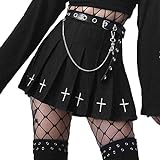 DINGJIUYAN Punk Cross Print Dark Mini Röcke Kette Gürtel Schwarz Uniform Faltenrock Gr. 44, 1-black Skirt With Chain Belt