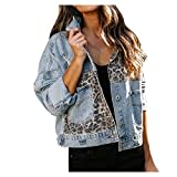 SALUCIA Damen Winter Leopard Patchwork Jeansjacke Langarm Schlank Warm Wintermantel Winterjacke Gefüttert Denim Jacke Mantel Outwear Coat Top Oberteile Sweatshirt Mit Taschen