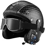 Bluetooth Jet Helm 3/4 PU Leder Motorradhelm Vintage Halbhelme Brain-Cap mit Schutzbrille Retro Scooter Offenem Helm Für Herren Damen ECE Zertifizierung Rollerhelm Halbschalenhelm