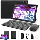 Tablet 10 Zoll 8-in-1 Kit Android 14 Tablet PC mit Hülle Tastatur Maus Stift Kopfhörer Netzstecker Kabel Octa-Core 10 GB RAM 64 GB ROM 1TB TF Erweiterbar 1280x800 IPS Touchscreen 5000 mAh (Schwarz)