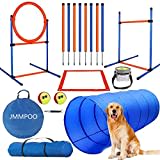 JMMPOO Agility Set Hunde, 65-Teiliges Agility Ausrüstung für Hundetraining Spiele mit Hundetunnel, Hürden, 8 Slalomstangen, Springring, 2 Tennis Ball Spielzeuge, Pause-Box, Leckerlibeutel, Tragetasche