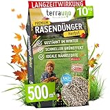 TerraUno Premium Herbstdünger Rasen, Rasendünger Herbst mit 100 Tage Langzeitwirkung, 10 kg für 500 m², Sofortwirkung, gesunder Rasen verdrängt Moos & Unkraut, Herbstrasendünger, extra starkes Grün