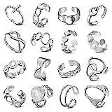 Adramata 16 Pcs Silber Ringe für Damen Edelstahl Ring Frauen Einfaches Blumen Herz Schmetterlingsring Ring Offene Verstellbare Ringe Set Stapelbare Punk Fingerring Boho Ringe Silber Daumenring Damen