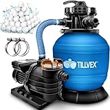 tillvex Sandfilteranlage 10 m³/h - Filteranlage 5-Wege Ventil | Poolfilter mit Druckanzeige | Sandfilter für Pool und Schwimmbecken (Blau)