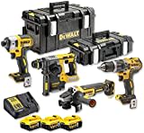 Dewalt 18 Volt Kombo-Pack DCK422P3 (mit 1x Schlagschrauber DCD796, 1x Schlagschrauber DCF887, 1x SDS+ Kombihammer DCH273, 1x Winkelschleifer DCG405, 3x 18 V 5 Ah Li-Ion Akkus, Ladegerät, 2x Boxen)