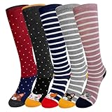 ZFSOCK Kinder Socken Mädchen Kniestrümpfe: Overknees Lange Strümpfe Kindersocken Baumwolle mit Lustigen Gestreiften Tiermotiven - Bunte Ohne Naht Kniesocken Geschenk 5 Paar Größe 35-38 Katze