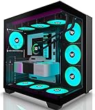 AMANSON PC Gehäuse- vorinstalliert 9 ARGB-Lüfter, ATX Mid Tower Gaming Gehäuse, mit doppeltem gehärtetem Glas Vollbild Computergehäuse，H09, Schwarz