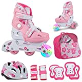 JAMBACH Kinder Inline-Skates mit Schutzset verstellbar zum Rollschuh mit Led (XS (26-29), Rosa-Weiß)