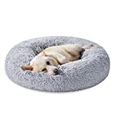 Feandrea Hundebett flauschig, Katzenbett, Donut Kissen, waschbar, Polsterung in der Mitte herausnehmbar, Langer Plüsch, 80 cm Durchmesser, Ombré-Grau PGW040G01