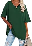 Ebifin Damen Oversize T Shirt mit V-Ausschnitt Kurzärmeliges Casual Lockere Basic Sommer Tee Shirts Bluse.Grün.L