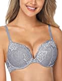 Wingslove Damen Push Up BH mit floraler Spitze gepolsterter Bügel BH Komfort BH, Grau, 38B / 85B