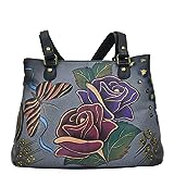 Anna by Anuschka Damen Shoulder Satchel Schultertasche, handbemalt, echtes Leder, Rosa, Grau, Rose Safari Grey