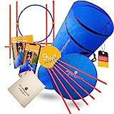 PfotenWunder® "9-in-1 - Agility Set Hunde groß + 21 Min. HUNDESCHULE - 6 Slalomstangen, 1 Tunnel, für kleine & große Hunde, Training Sport Spielzeug Cavaletti Parcour Steckhürdenset Zubehör Hürden