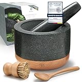 Diemker Premium Granit Mörser mit Stößel, Ø 14 cm, abnehmbarer Holzfuß, Holzlöffel und Reinigungsbürste im Set – Gewürzmörser, Groß, Moerser, Stein Moerser, Grillzubehör, Mortar, Pestle, Pesto, Nüsse