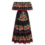 IWEMEK Damen Mexikanisches Kleid Volant Schulterfreies langes Blumenkleid mit Gürtel Sommer Boho Cinco de Mayo Tag der Toten Festkleid Halloween Karneval Festzug Partykleid Schwarz L