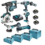 Makita DLX6085TJ Akku-Kombo-Kit 18V (DHR243+DHP481+DTD153+DHS680+DGA513+DTM51) / 5,0 Ah, 3 Akkus + Ladegerät + 4x MAKPAC