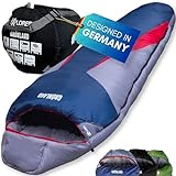 EXPLORER® GRÖNLAND Schlafsack -23°C -5°C [350GSM] 3-4 Jahreszeiten Winter Mumienschlafsack für Erwachsene[1900g] 230x82x55cm Zip-Links Blau/Grau/Rot ideal für Outdoor, Camping, Trekking und Reisen