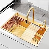 Gold Kitchen Sink Waterfall, Kitchen Sink Rain Waterfall Sink Household Sink, Mit Pull-Out Tap, Schneidebrett, Cup Washer (Color : Gold, S : 75x46cm)