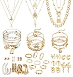 JeryWe 46 Stück Schmucksets für Damen mit 3 PCS Halskette 12 Stück Armbänder 9 Stk. Achsschenkel Ringe 10PCS Ear Cuff Ohrklemme Ohrringe und 12 Stk Vergoldete Ohrringe Schmuck-accessoires