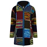 Lange Wollmantel Patch Strickjacke mit Kapuze - SHAKALOHA - W Longpatch Multi Blau Rot Mantel für Damen - im fairen Wettbewerb in Nepal hergestellte Wolljacke mit fleecegefütterter Kapuze. - L