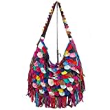 Segater® Damen Schultertaschen Hobo Bag aus Schaffell Mehrfarben-Patchwork-Umhängetasche 3D Leaf Pattern Bunte Quaste Handtasche Geldbörsen Mehrfarbig