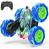 BEZGAR LED Ferngesteuerte Auto - 4WD 2,4 GHz Doppelseitiges RC Stunt Car, 360° Rotations-und-Flip Funktion RC Auto, Wiederaufladbare Spielzeug Geschenke für Jungen Kinder Mädchen, TD203 Blau