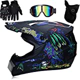 Sarari Professionelle Racing Motocross Helm, 4 Pack Helmbrille Handschuhe Set Sicherheit Dirt Bike Off Road Motorradhelm für Erwachsene Kinder Mountain Road Cycling