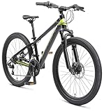 BIKESTAR Kinder Fahrrad Aluminium Mountainbike 21 Gang Shimano, Scheibenbremse ab 9 Jahre | 24 Zoll Kinderrad MTB | Schwarz Grau