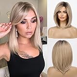 HAIRCUBE Gerade Kurze Charmante Bob mit Bangs Perücken für Frau Natur Hitzebeständige Synthetische Faser Party/Cosplay/Kostüm/Tägliche Perücke (dunkle Wurzel Ombre Asche Blond)