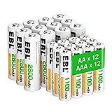 EBL AA AAA Akku Pack 24 Stück - AA Akku 2800mAh 12 Stück mit AAA Akku 1100mAh 12 Stück, 1,2V NI-MH wiederaufladbare Batterien