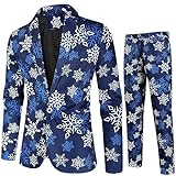 Bedruckte Anzug für Männer Santa Print Blazer Jacke Weste mit Hose Regular Fit Anzug für Weihnachten Party Performance Outfits (2pcs Dark Blue, XXL)