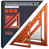 Presch Zimmermannswinkel Set - 180mm & 300mm - Innovative, abwischbare Notizfläche - Intelligente Bohrlehre für exakte Durchmesser - Hochpräzise gefrästes Aluminium für exakte 90° Winkel